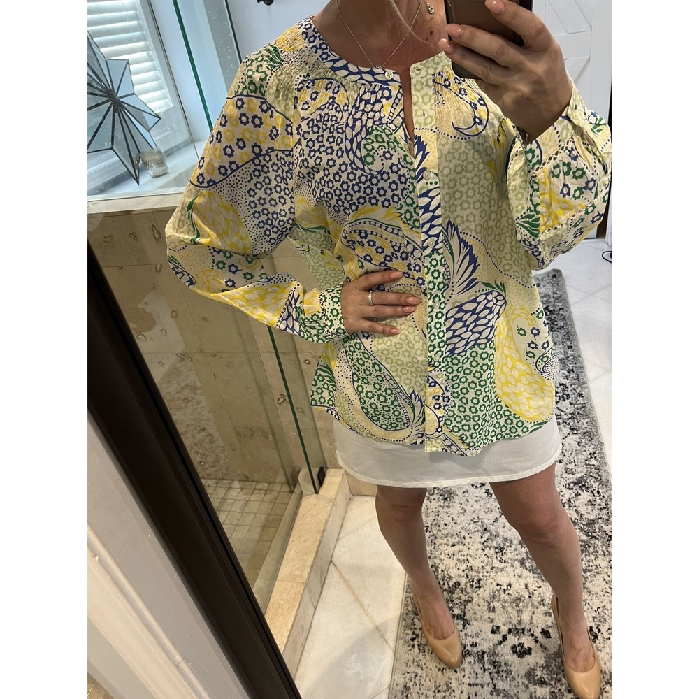 Talbots Button Up Smocked Peasant Blouse XL Cotton Yellow Green Blue Floral